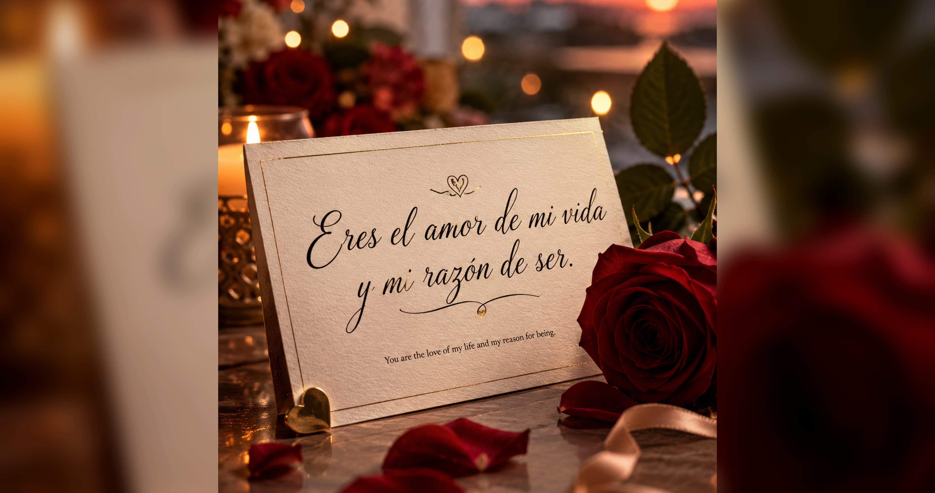 Elegant Spanish love quote card with red rose, candlelight, rose petals, and romantic sunset background, expressing deep love for him with the quote &ldquo;Eres el amor de mi vida y mi raz&oacute;n de ser.&rdquo;