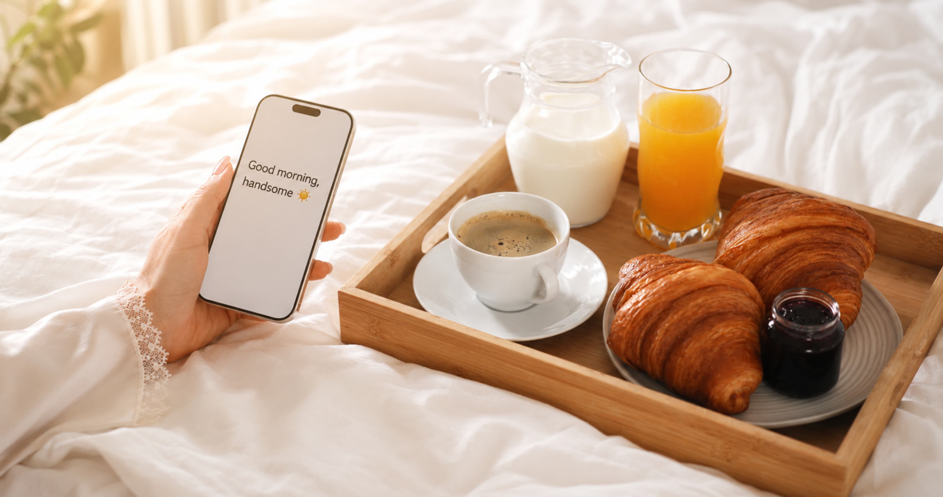 Woman holding a smartphone with &ldquo;Good morning, handsome&rdquo; text beside coffee and breakfast in bed, representing flirty good morning messages for him.