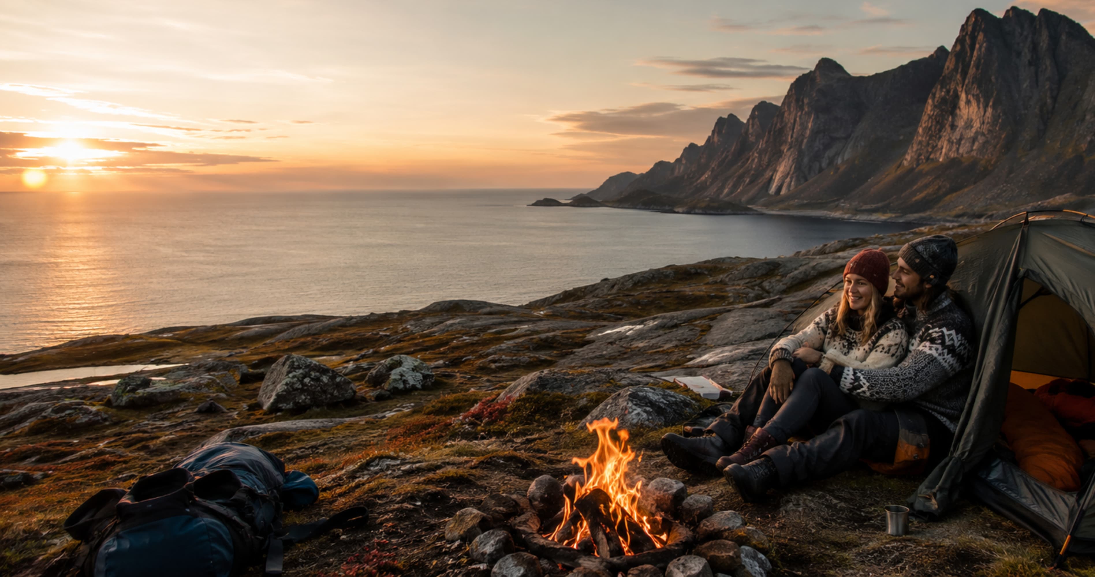 Couple camping alone by a quiet ocean cliff at sunset, enjoying a peaceful quality time moment in nature
