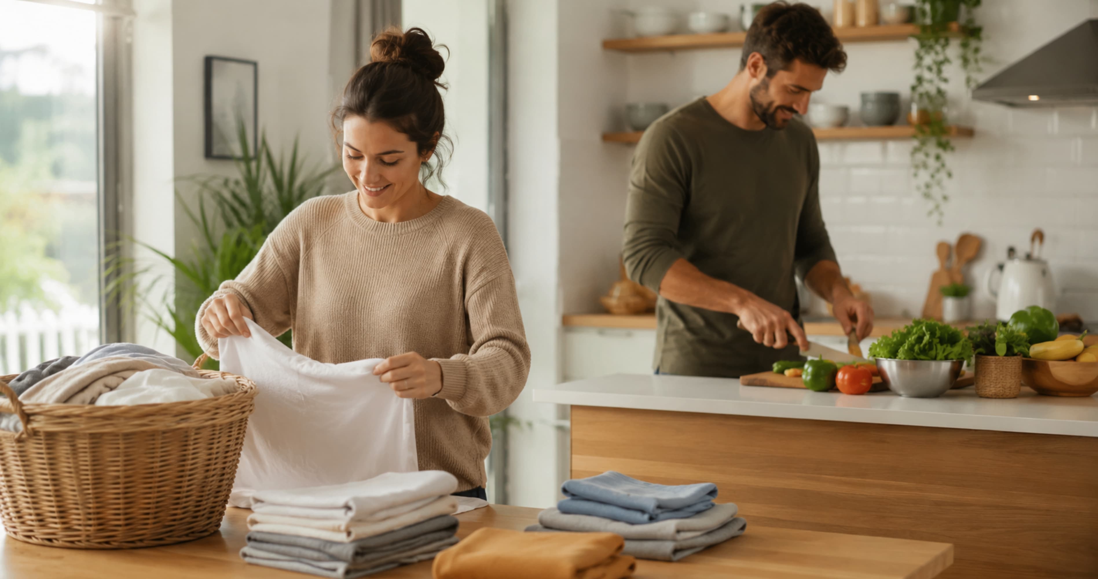 Married couple sharing household chores at home, showing division of labor in marriage, teamwork, and balanced responsibilities.