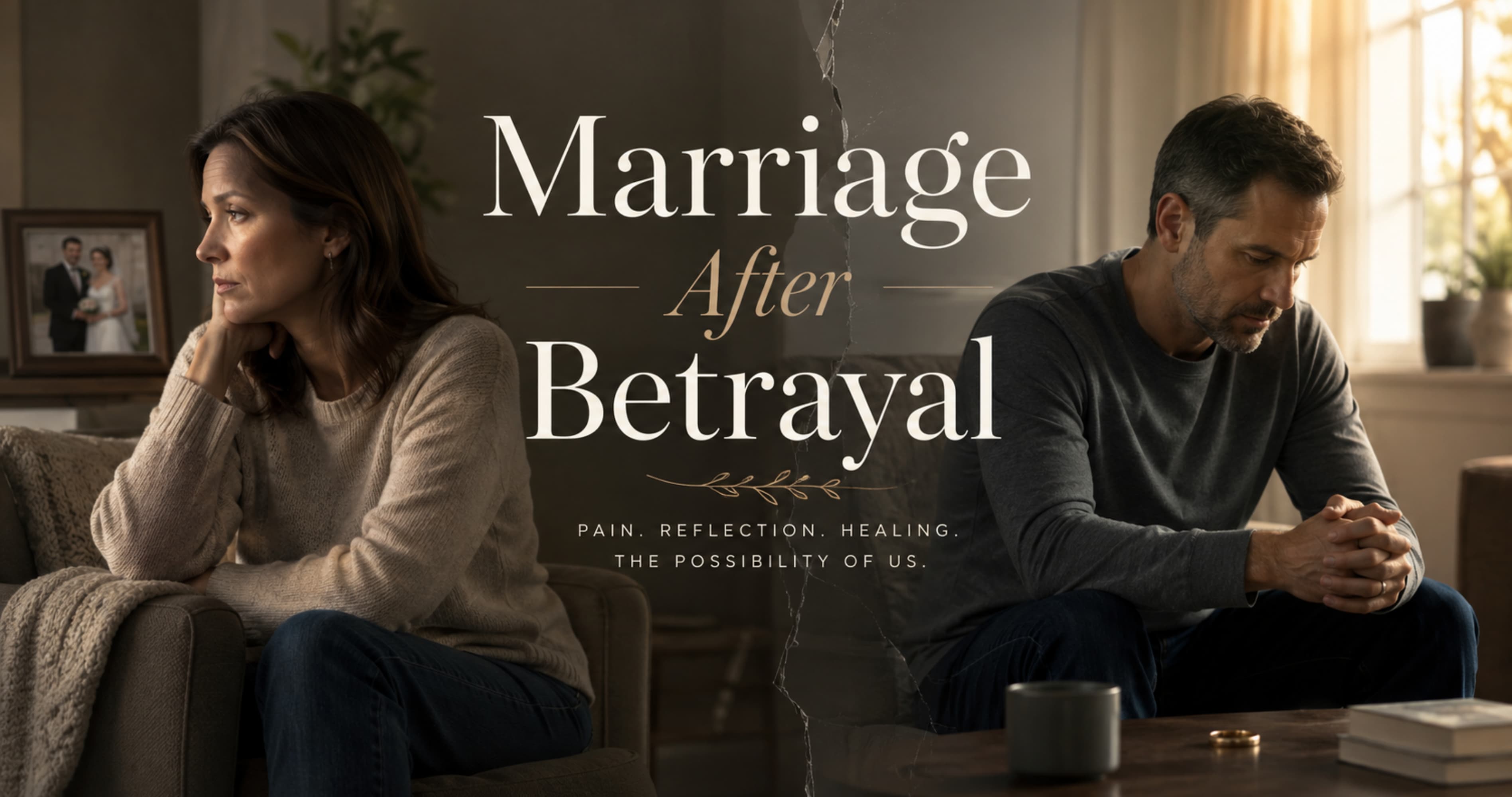 A distressed married couple sits apart in a softly lit living room, with a wedding photo in the background, a ring on the table, and the title “Marriage After Betrayal” overlaid in the center.