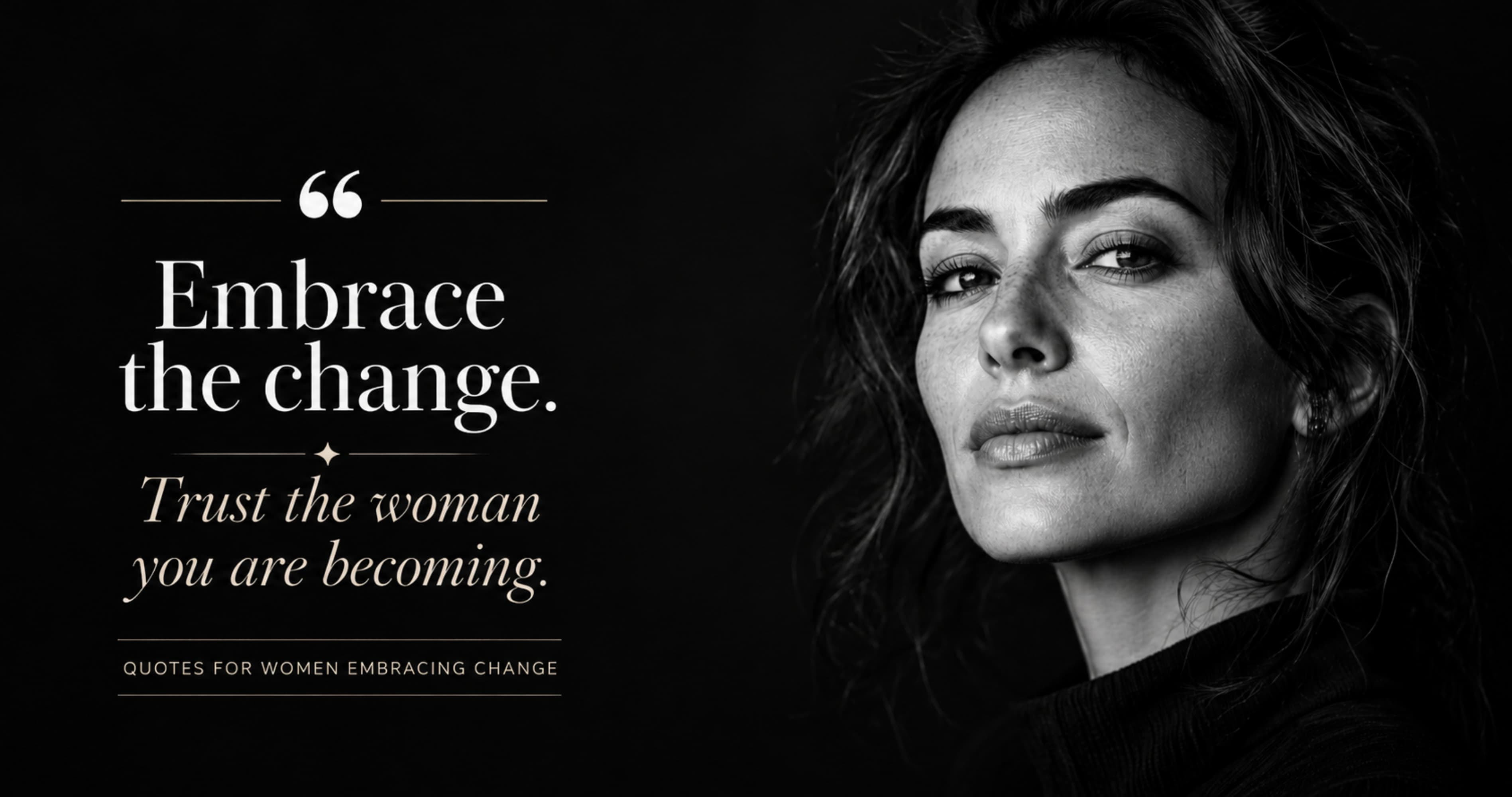 Quotes for Women Embracing Change feature image with a black-and-white portrait and an inspiring message about personal growth