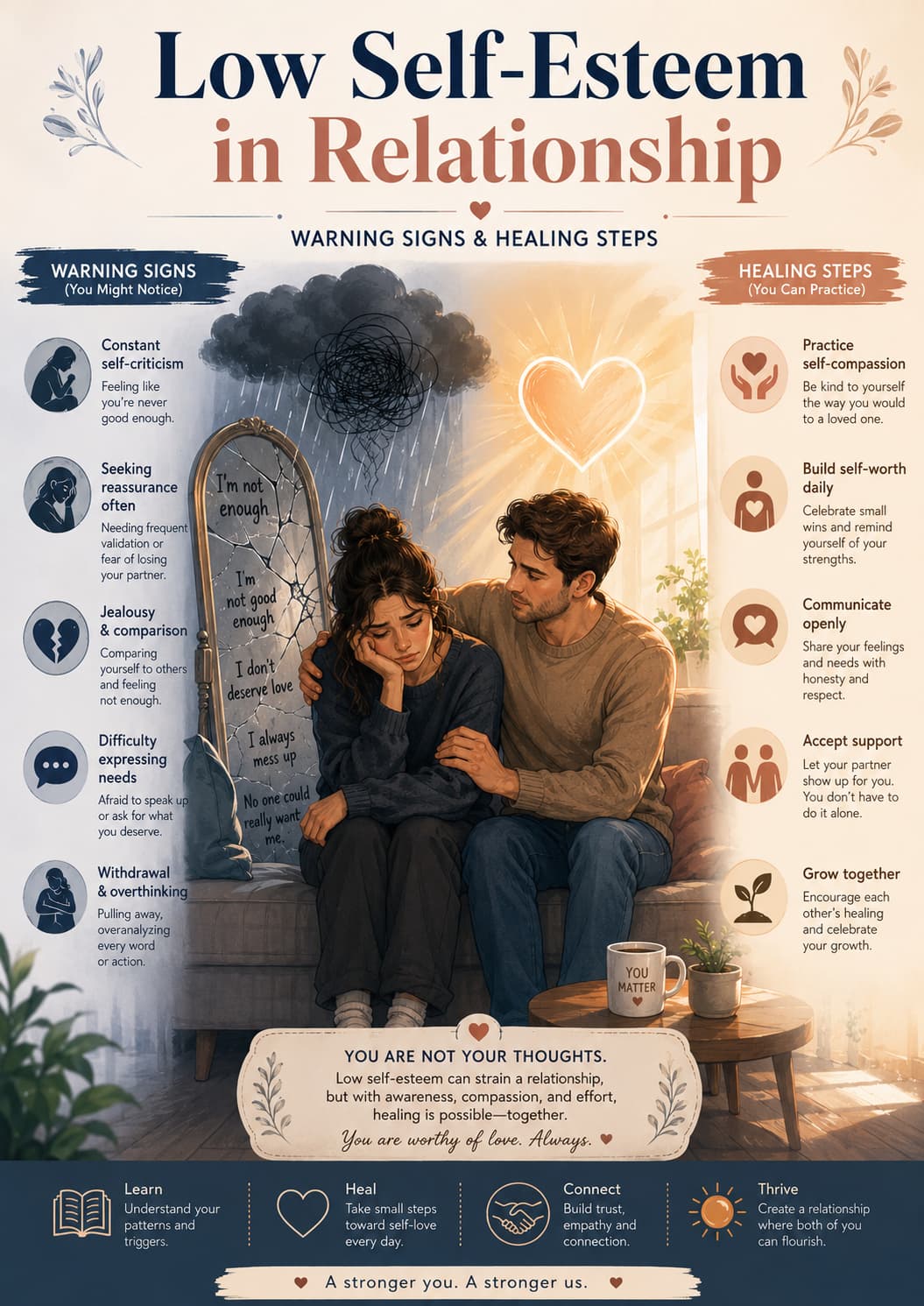 Low self-esteem in relationship warning signs and healing steps infographic