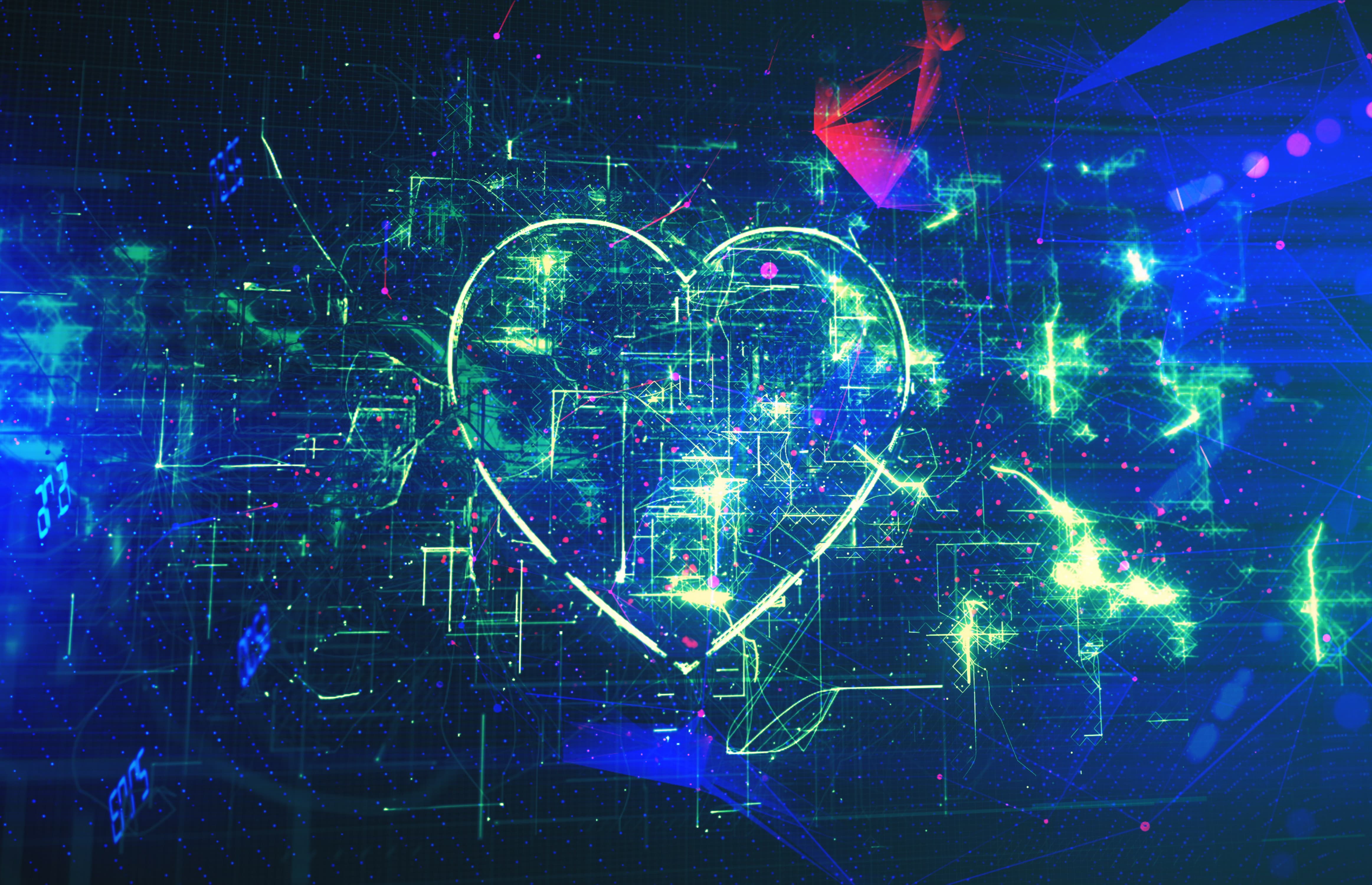 Glowing digital heart with futuristic network lines, representing yearners, modern dating trends, emotional connection, and online romance.