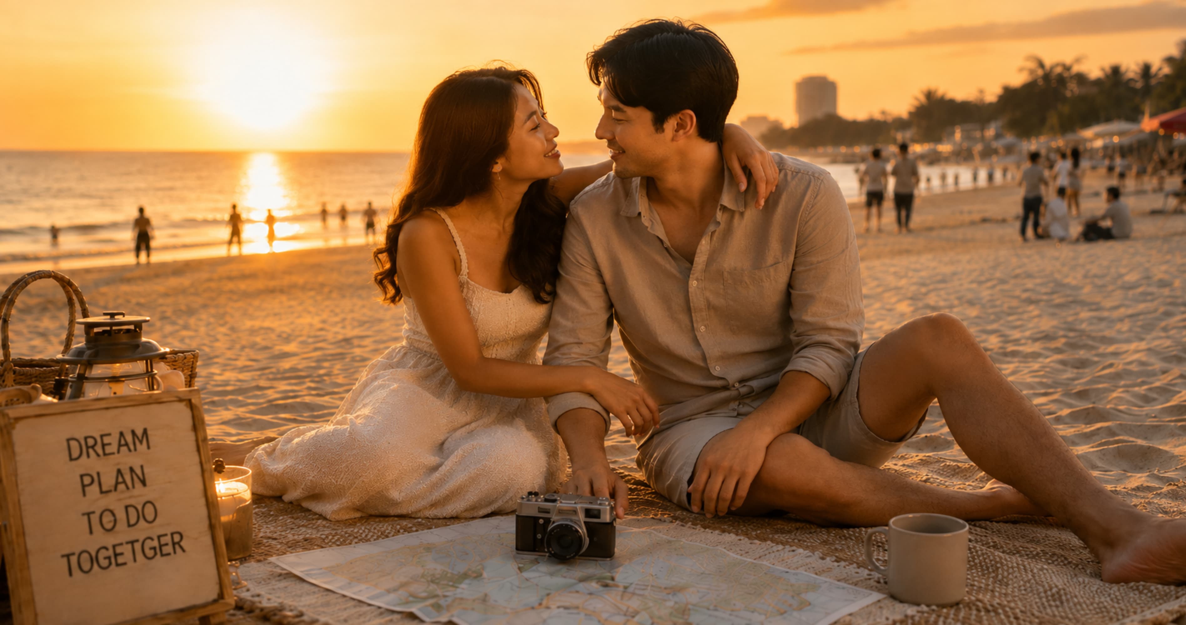 Couple sharing a romantic beach moment at sunset, representing emotional intelligence in relationships through love, connection, and trust